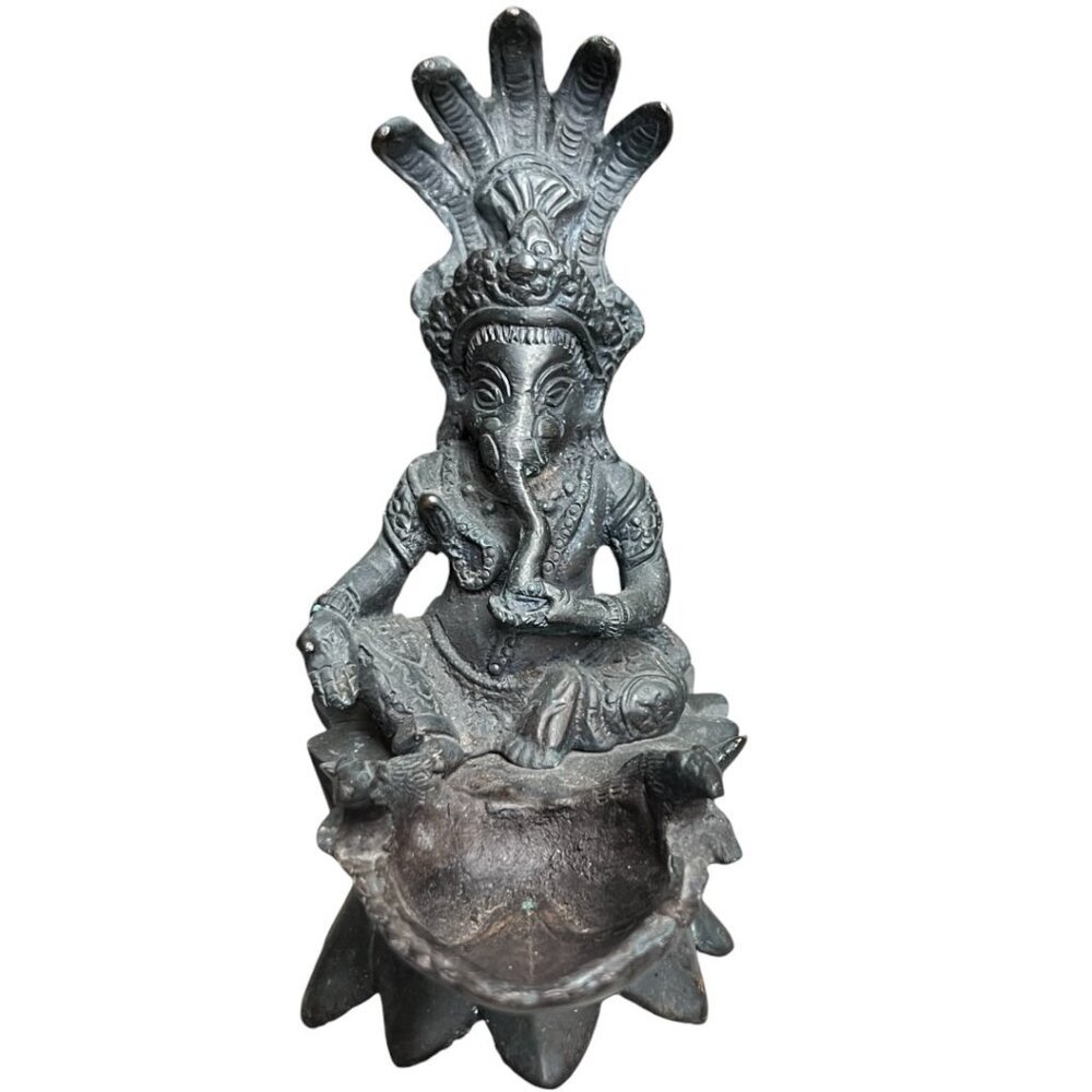 Heavy Cast Metal Ganesh Incense Burner Charcoal Patina Ganesha Altar Decor